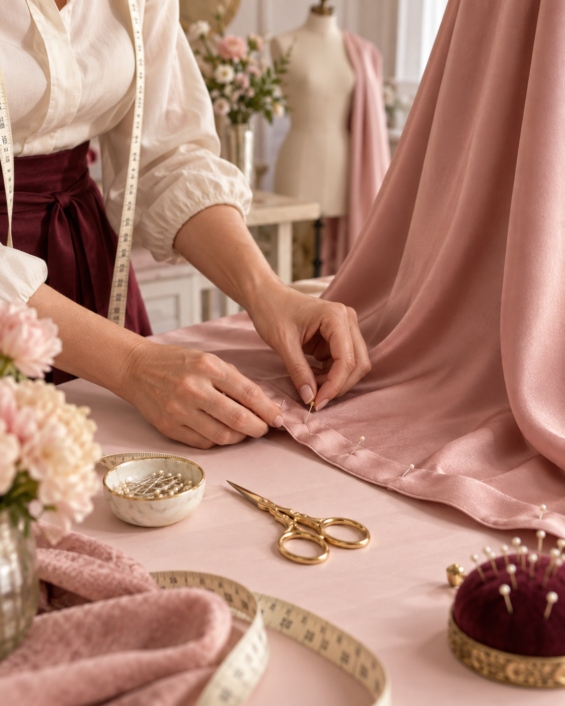 Garment being pinned for a precise hem