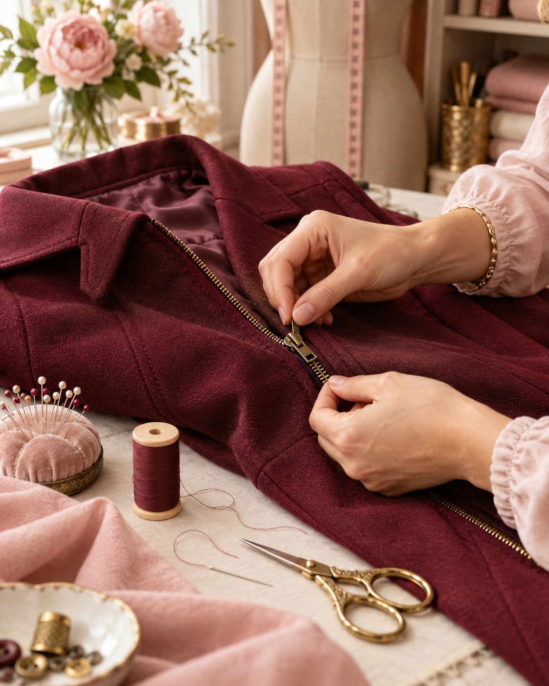 Zipper being repaired on a burgundy jacket